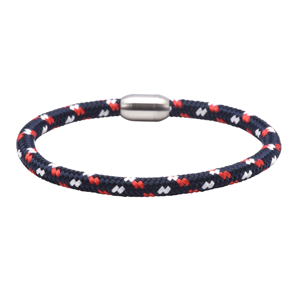 Bracelet Corde Tressé Bleu Blanc Rouge Et Acier