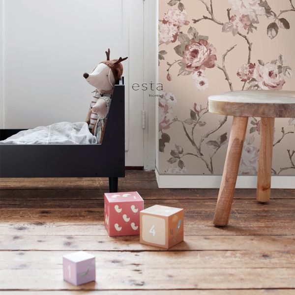 Estahome Vintage Bloemen Behang III - 0,53 x 10,05 m - Donkerblauw / Oudroze