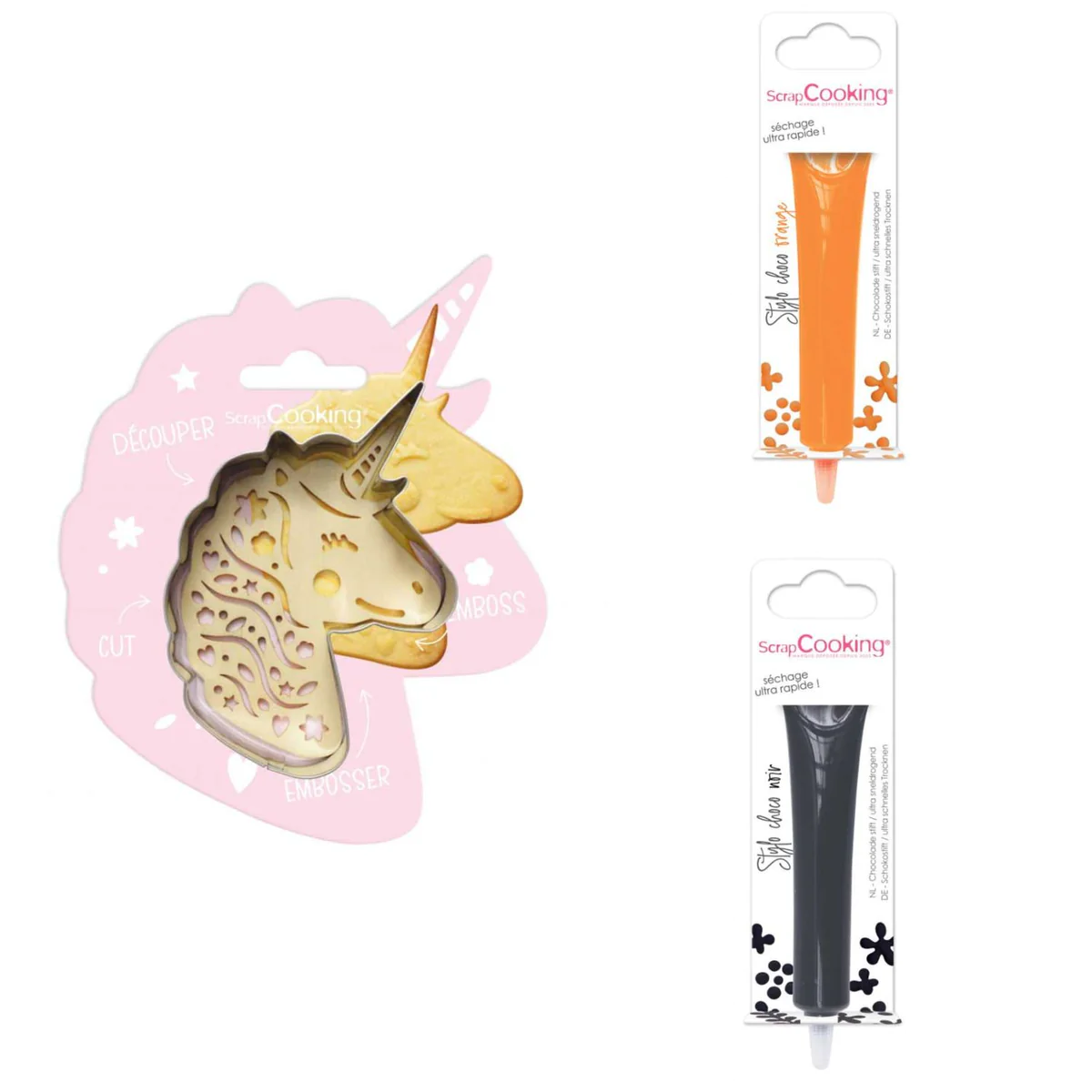 Kit pour biscuit en relief Licorne + 2 Stylos au chocolat orange et no