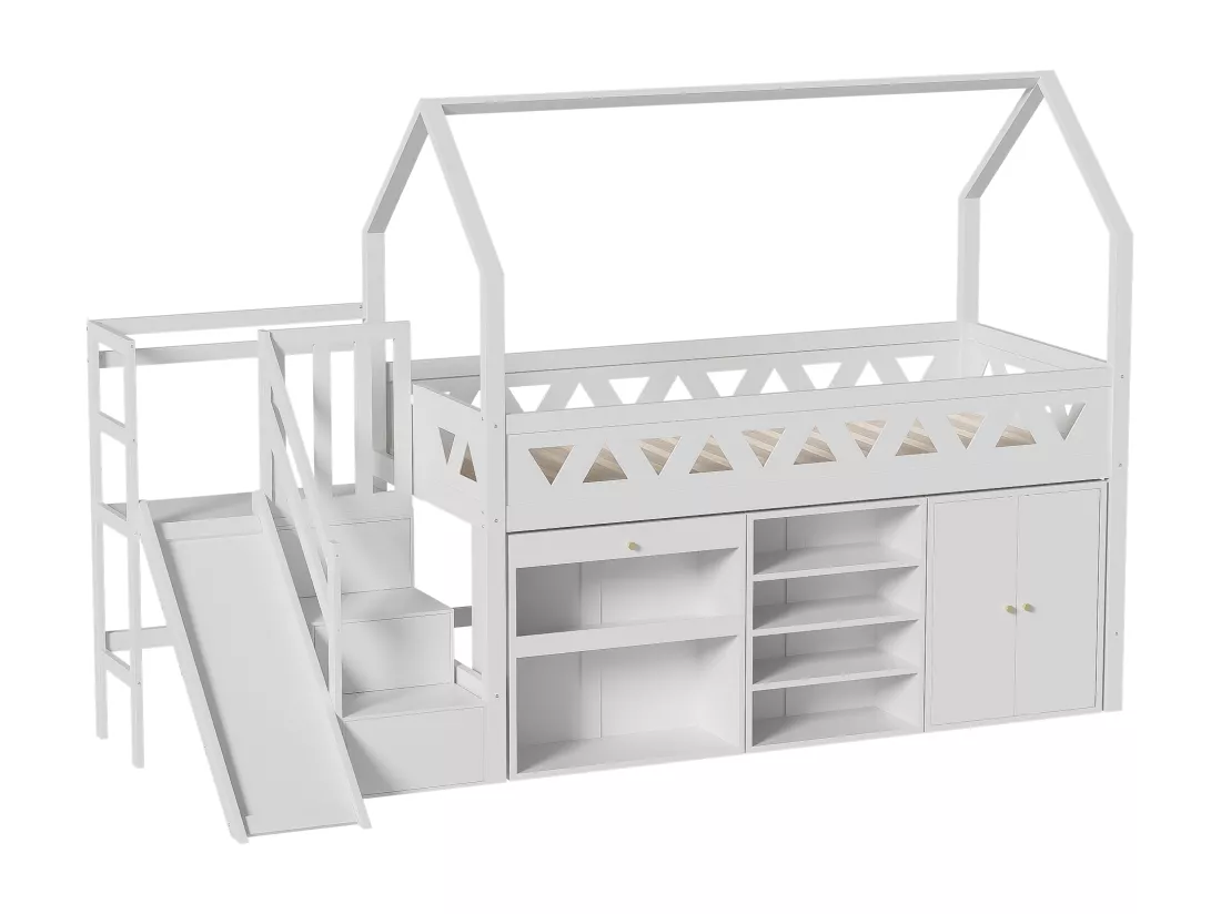 Lit mezzanine multifonctionnel en bois et MDF - 90x200 cm - avec toboggan, escalier et casiers - Blanc(sans matelas)