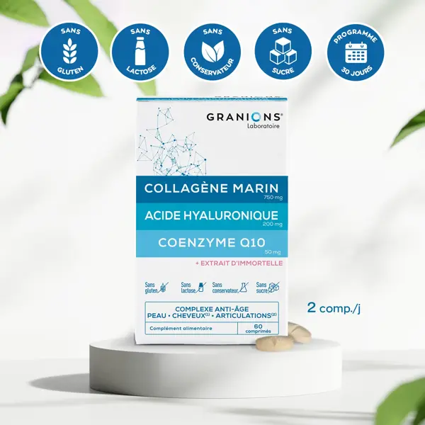 Granions Collagène Marin et Acide Hyaluronique + Coenzyme Q10 - Lot de 3 - Routine Anti Âge Anti Rides 3 x 60 comprimés - cure de 3 mois