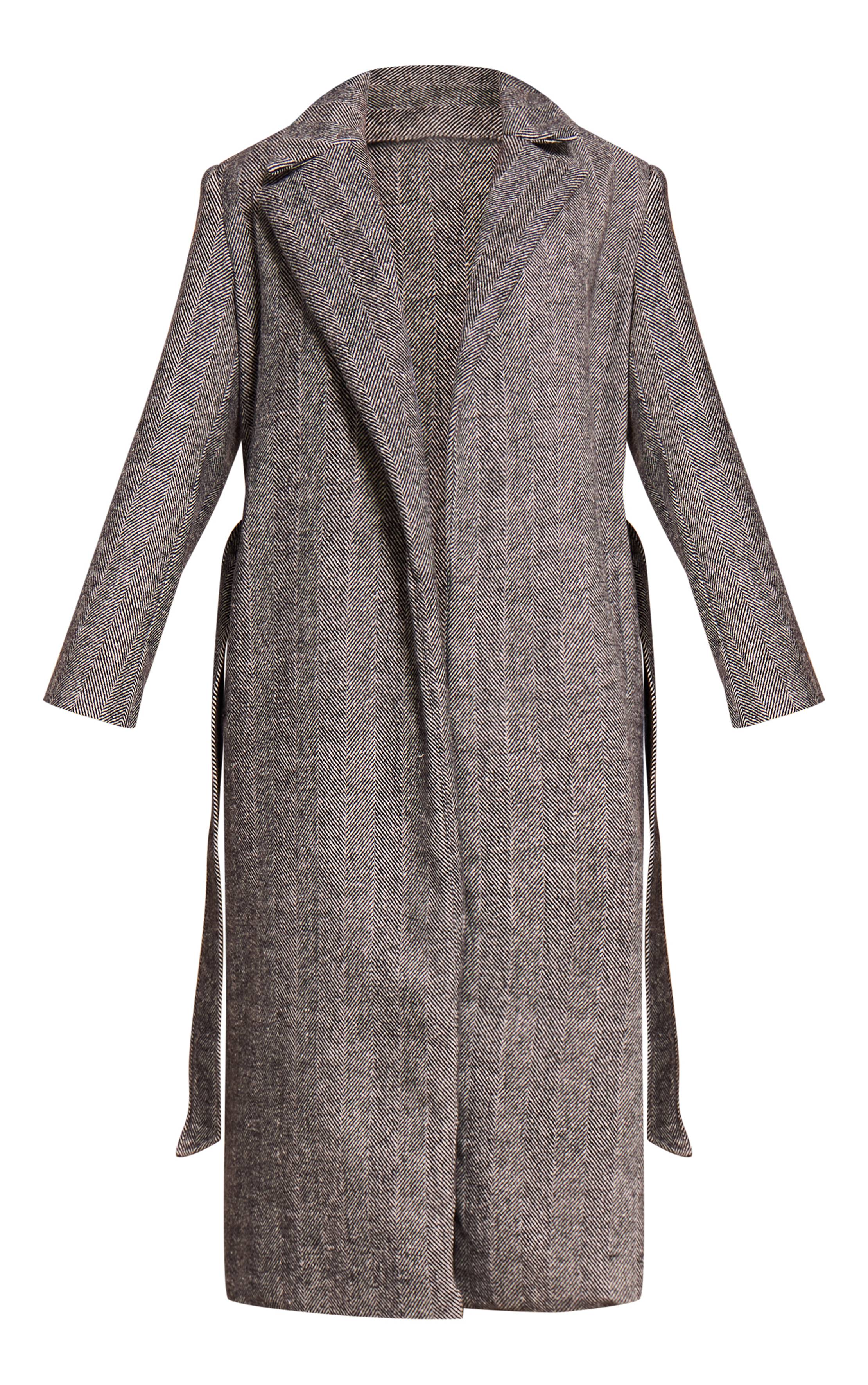 Gris Manteau Long À Chevrons Avec Ceinture À Nouer À La Taille
