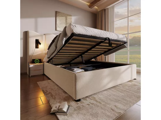 Lit double capitonné 160 x 200 avec liseuse et chargeur USB Type-C, avec cadre en bois massif et lattes, beige, lin.