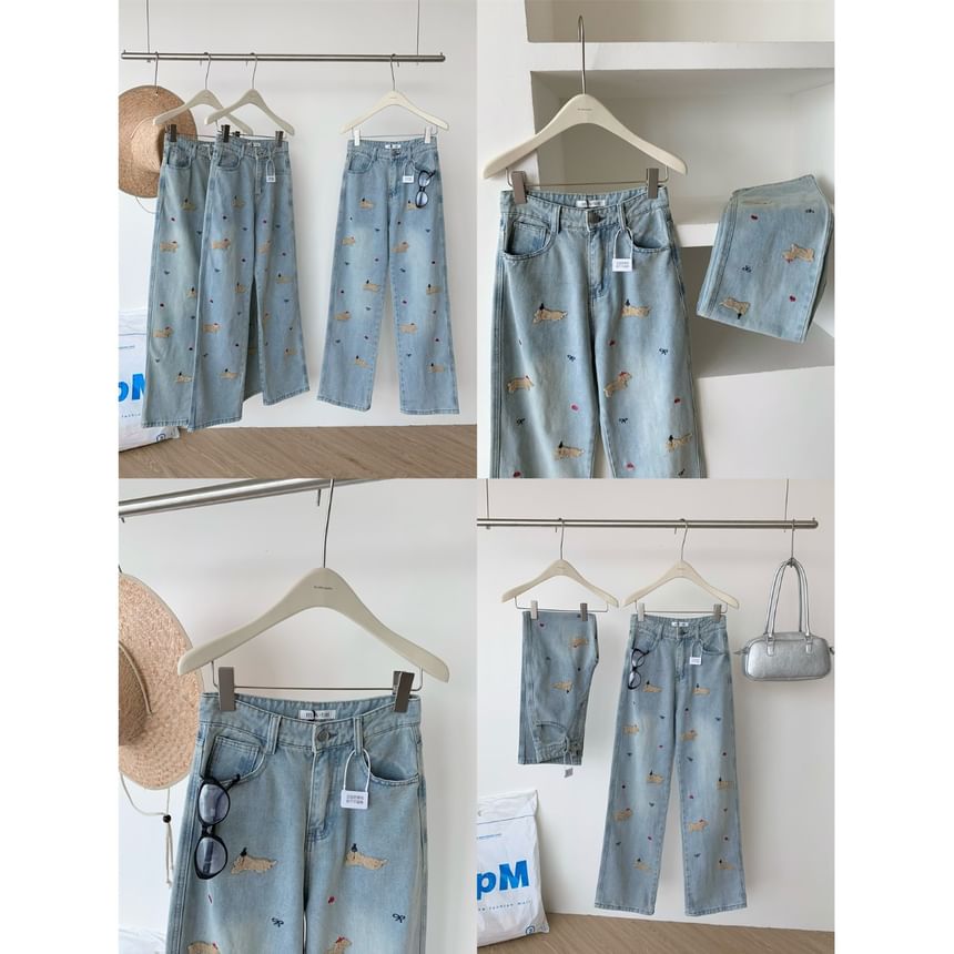 Dute - High Rise Dog geborduurde gewassen wijde jeans