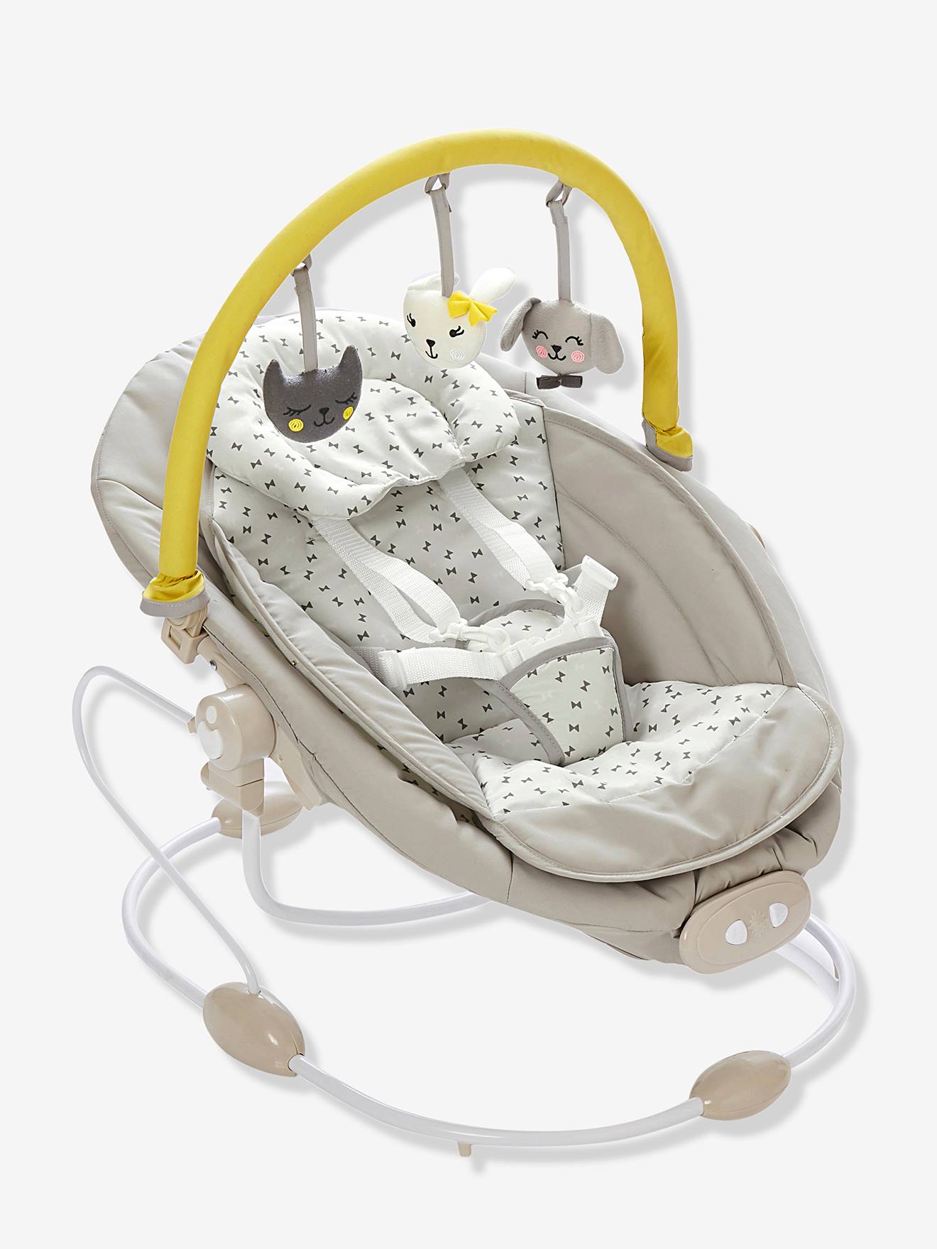 Cadeira de balanço Babyswing VERTBAUDET com arco de atividades, estampa cinza