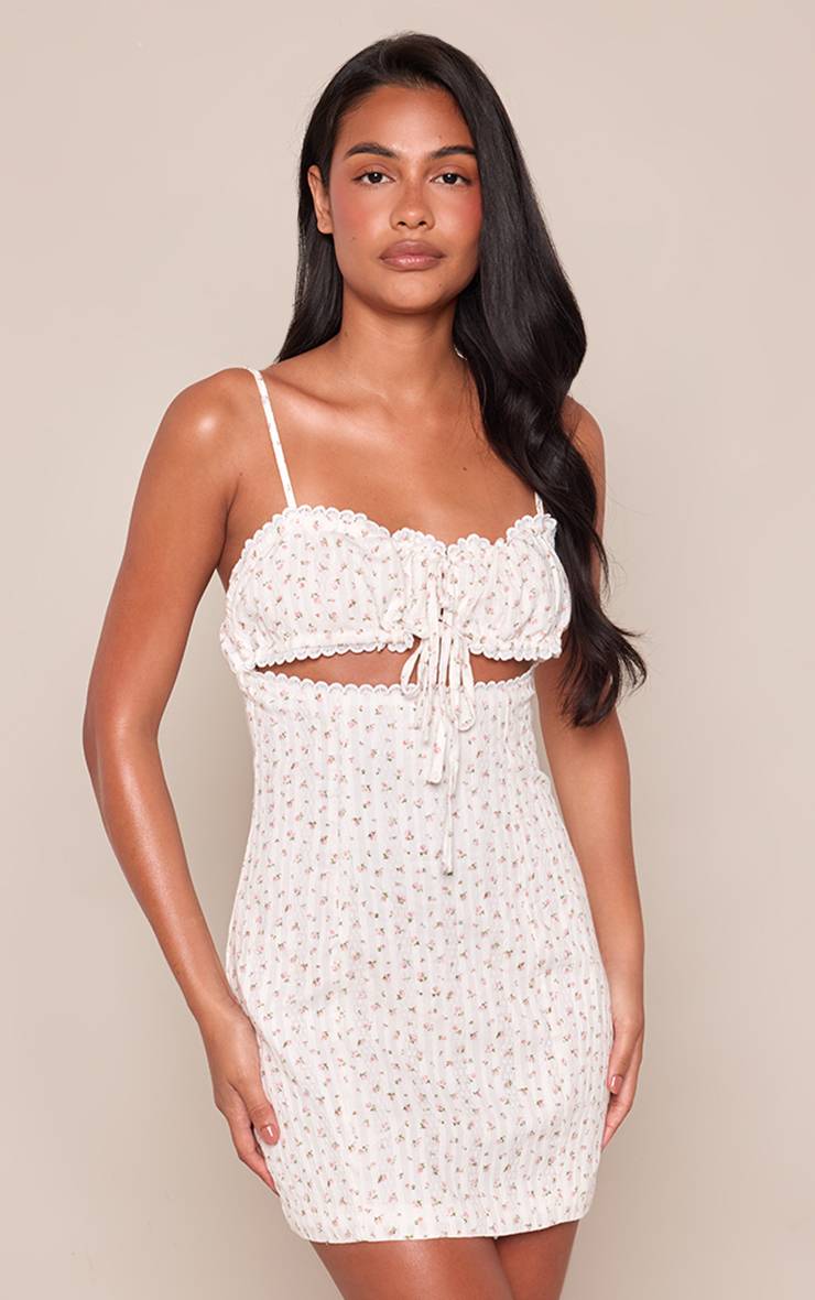 Blanc Robe Mini Droite À Bretelles Avec Découpes Et Imprimé Fleuri