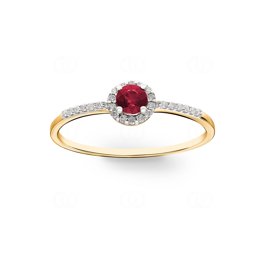Damenring 750/18 K Gelbgold mit Rubin rund und Diamanten 0.07 ct H/si