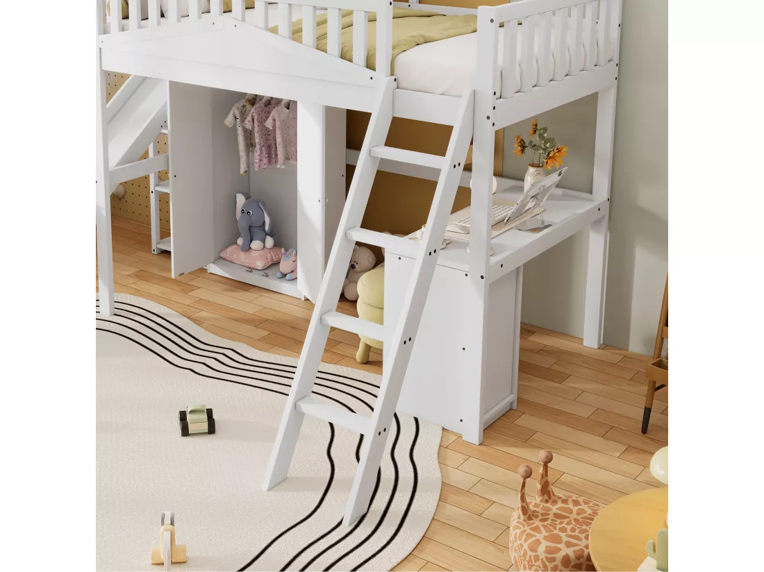 Lit mezzanine en bois 90x200 cm - avec bureau + armoire + toboggan - Blanc
