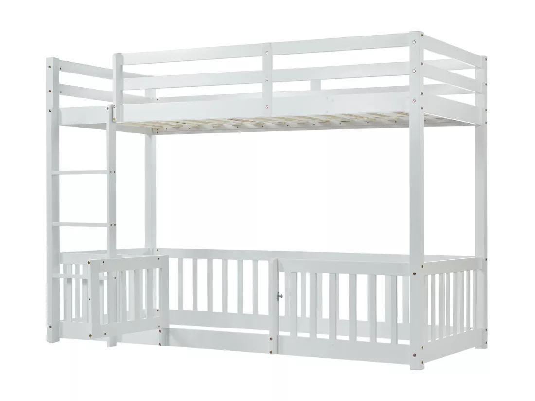 Lit superposé pour enfants avec escalier, lit pour enfants avec protection contre les chutes et barrières, bois massif, blanc 200x90 cm