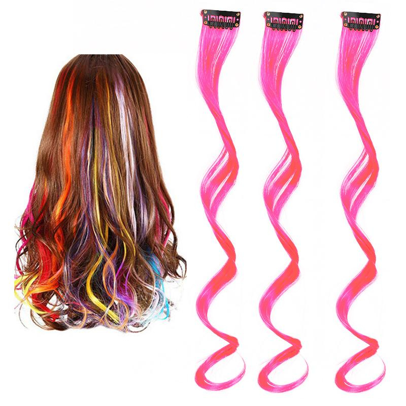 (3er Set) Kunsthaar Extensions Clip-In Strähnen Gewellte Haarverlängerung - Neonpink