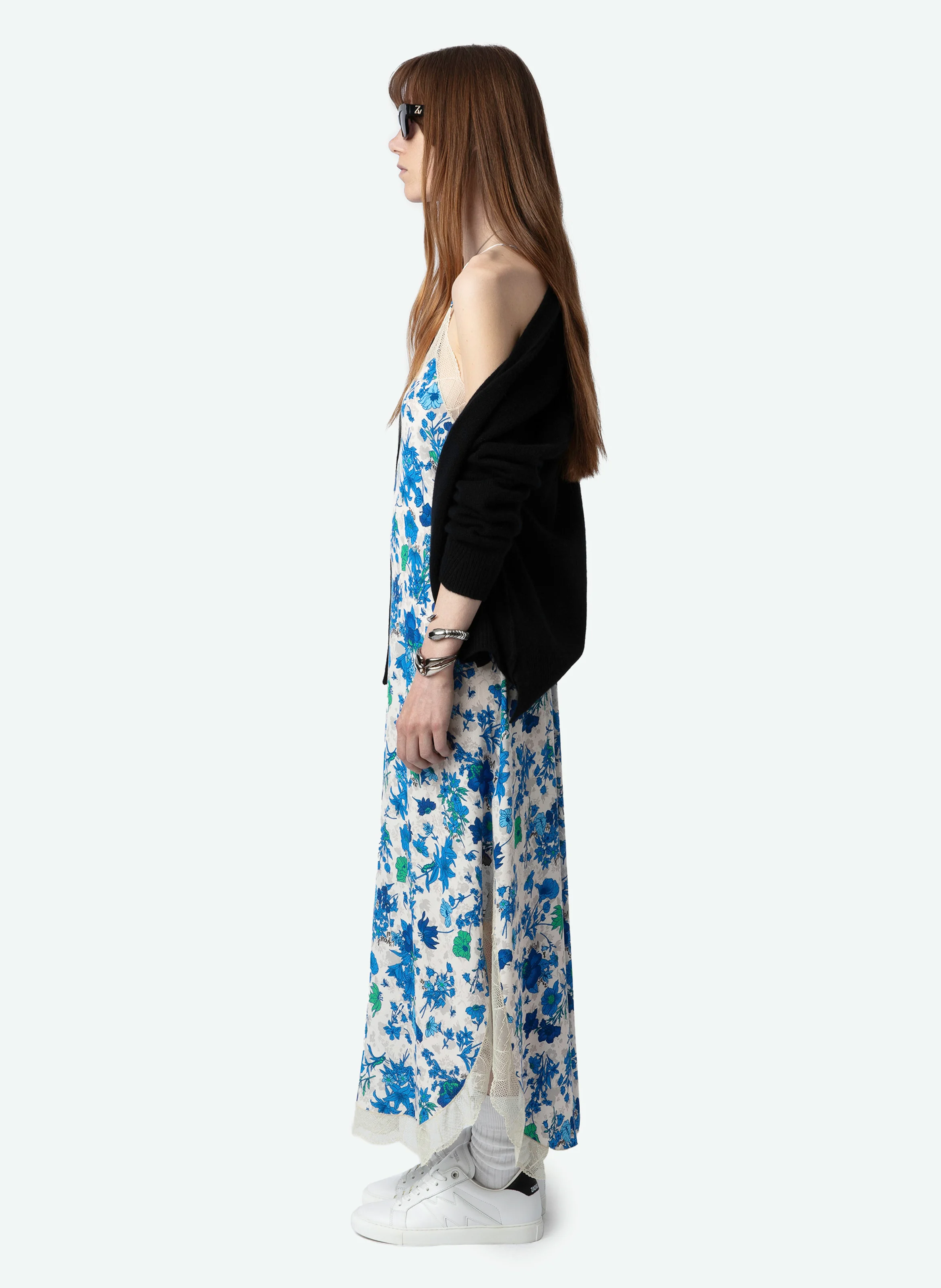 RISTYL - Robe longue droite encolure V imprimée | Blanc