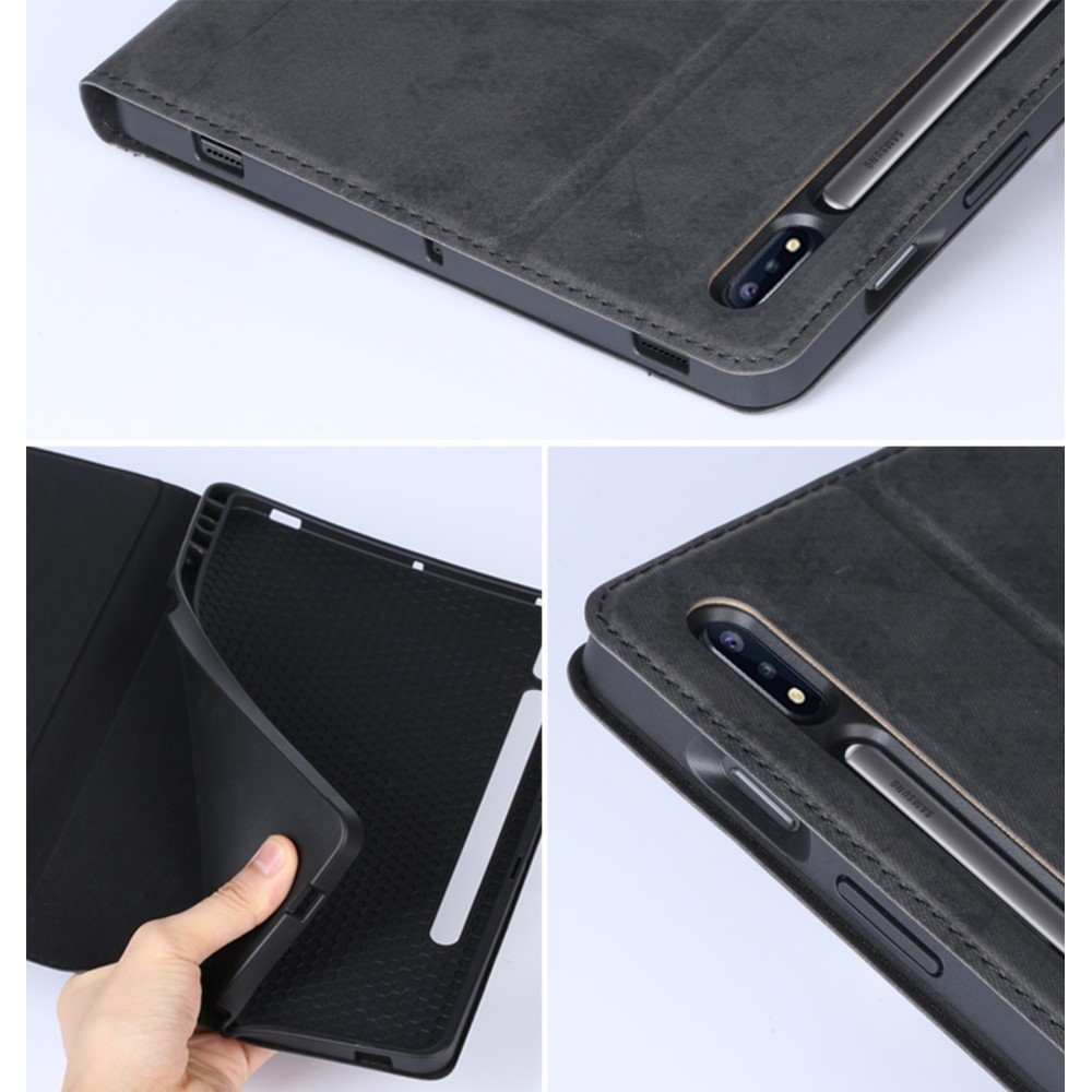 Samsung Galaxy Tab S8 / Tab S7 Vintage Leder Tasche Smart Case Hülle S-Pen Halterung - Schwarz