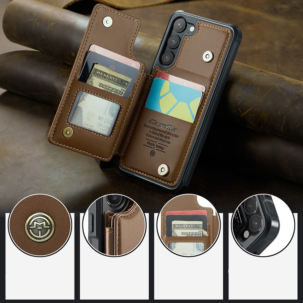 Samsung Galaxy S23 5G Leder Hülle mit Kartenfächern im Litchi Look   Kickstand (RFID Schutz) - Braun