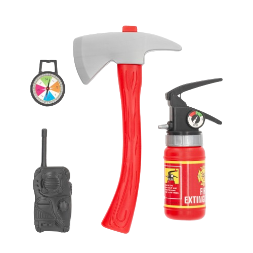 (5-tlg. Set) Feuerwehr Kostüm Zubehör Spielset für Kinder inkl. Helm / Feuerlöscher / Kompass / Walkie Talkie / Axt