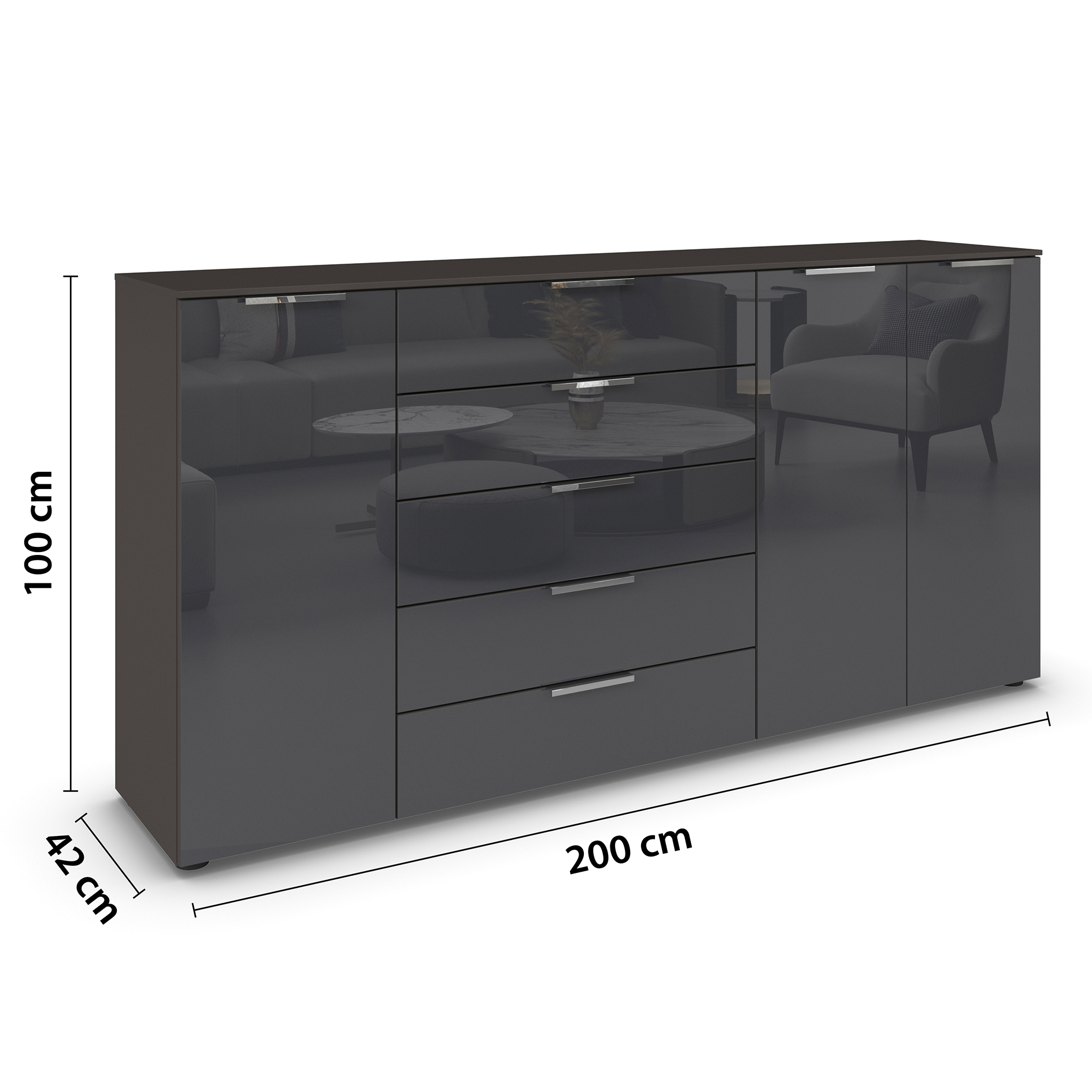 Kommode - graphit-Basaltglas - Chromgriffe - 199 cm