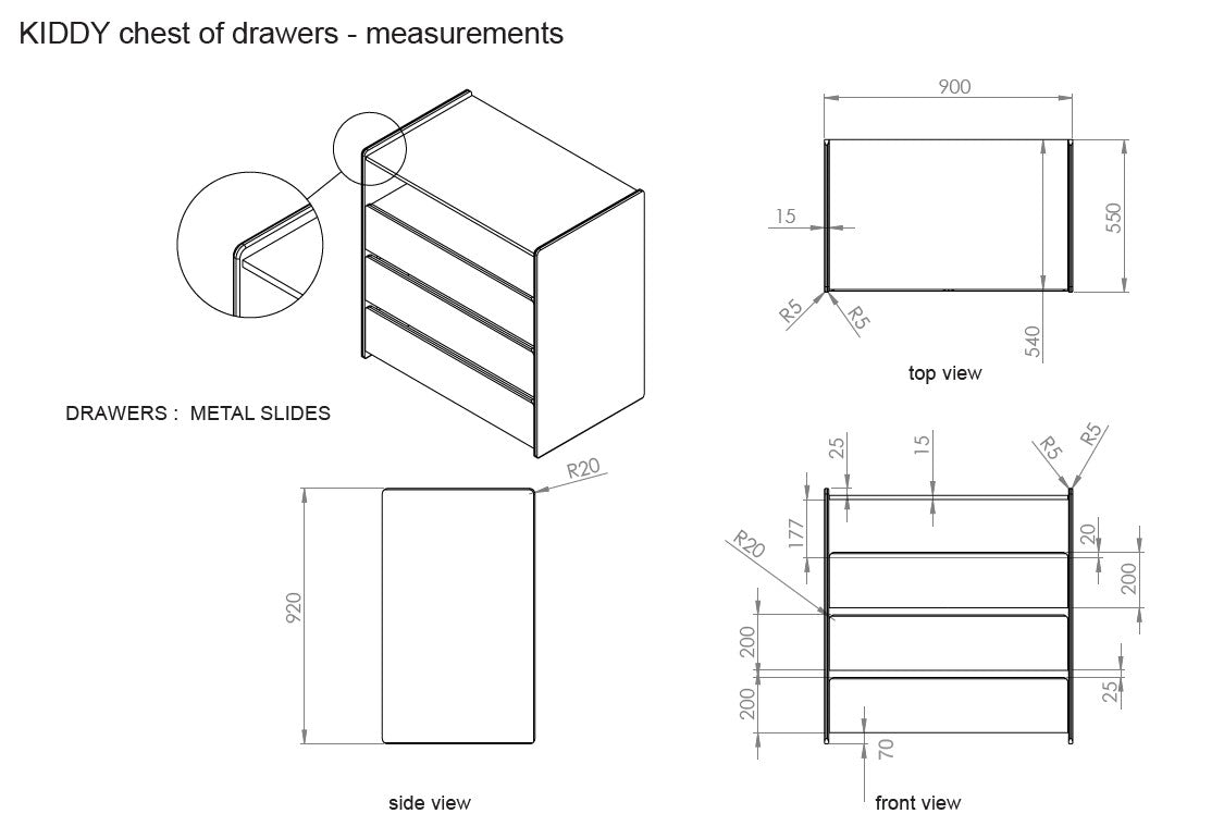 LUCEVI - Kiddy Commode 3 Laden - Wit - 90x47 cm