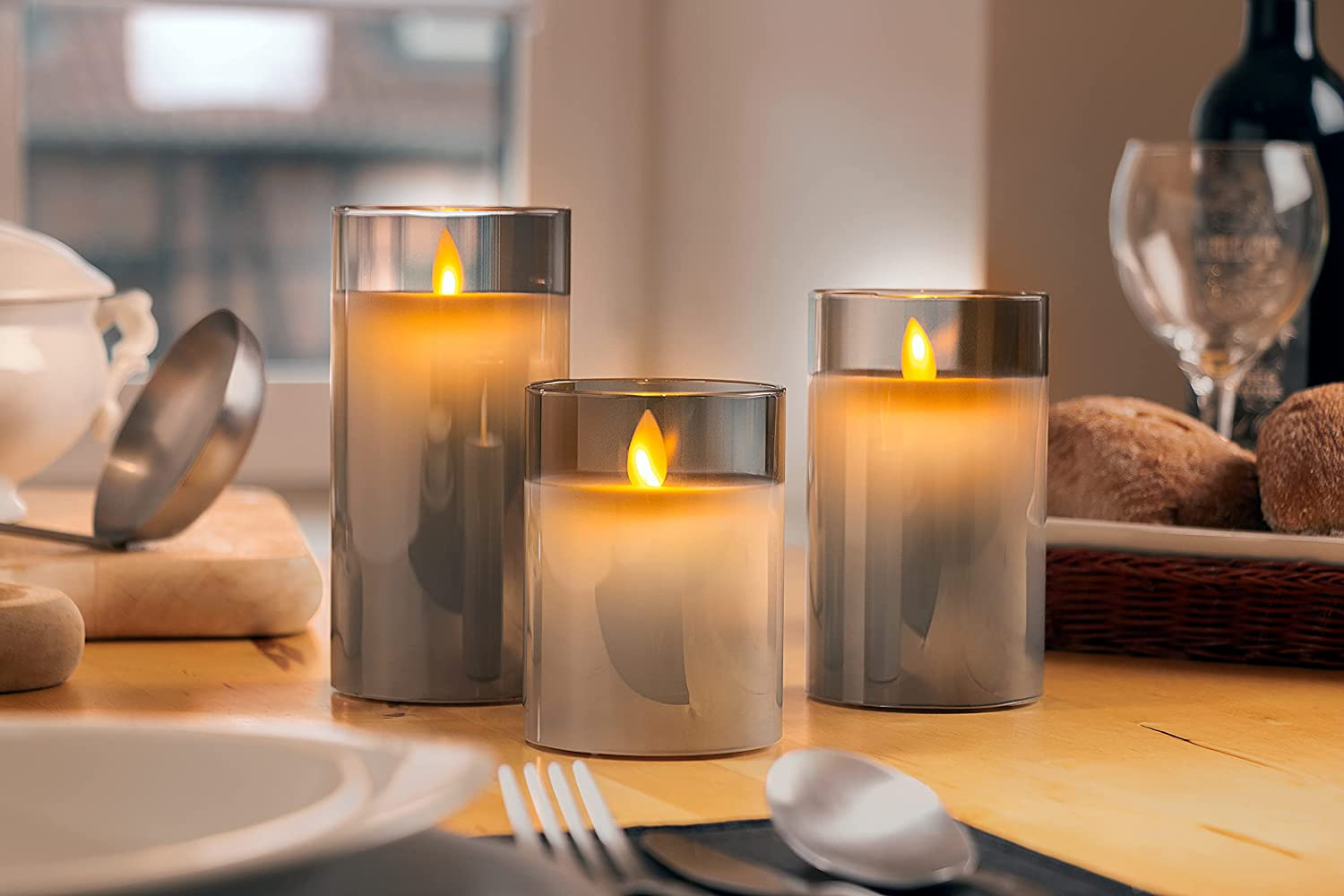 (3er Set) Echtwachs LED Kerze Home Deko Stimmungsleuchte im Glas (Batteriebetrieben) - Warmweiss