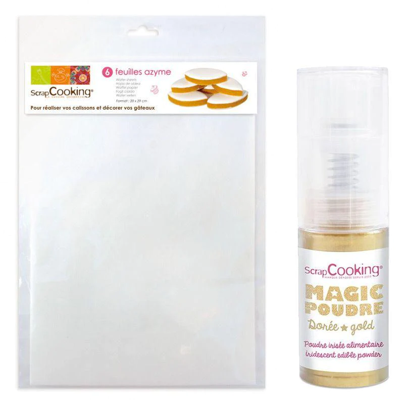 6 feuilles azyme blanches + Poudre alimentaire irisée dorée Scrapcooki