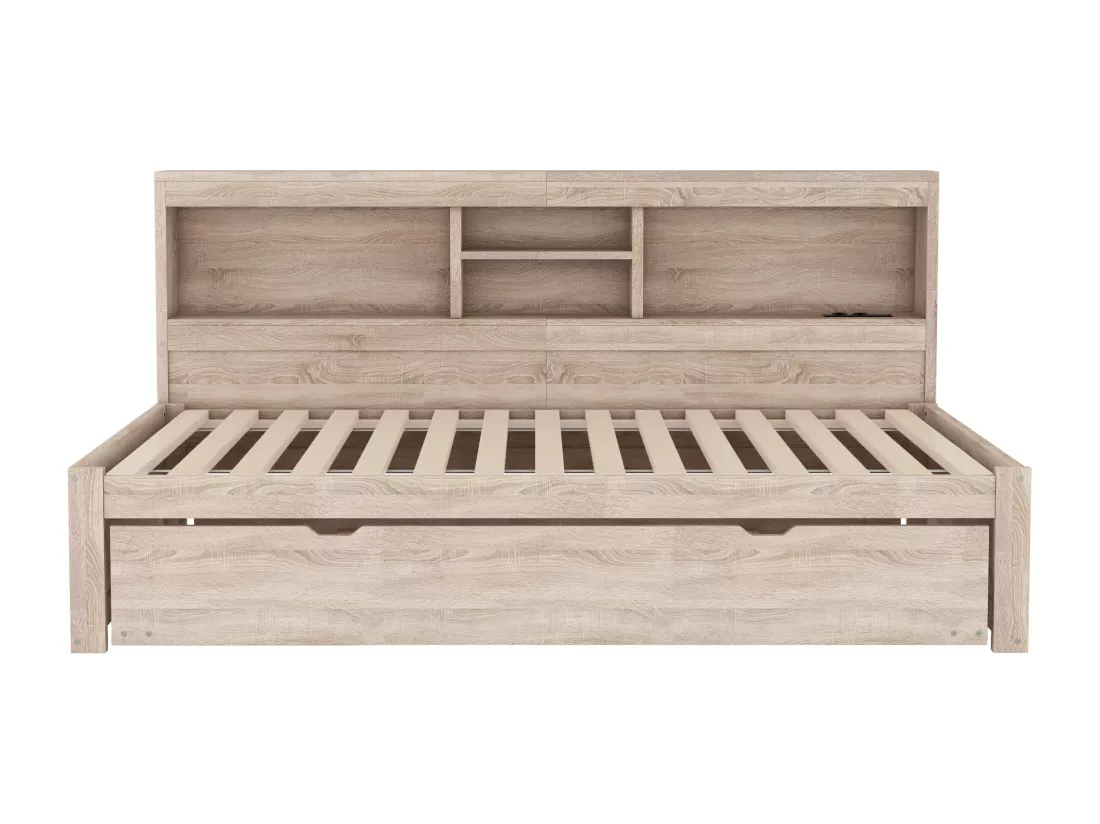 Lit banquette 90x200cm avec un lit gigogne 90x190cm - chevet de rangment avec LED et prises - Natruel