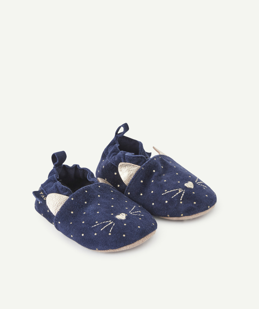 CHAUSSONS BLEU MARINE À POIDS COULEUR DORÉE EN CUIR BÉBÉ FILLE