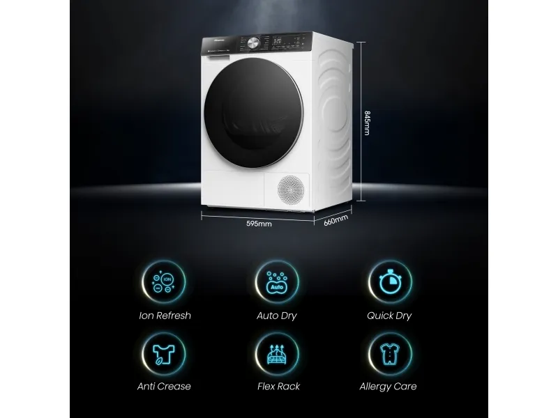 Hisense Tørretumbler - DH5S102BW BK070, Fritstående, Front-læsning, Varmepumpe, Hvid, Knapper, Dreje, Berøring, Venstre/højre