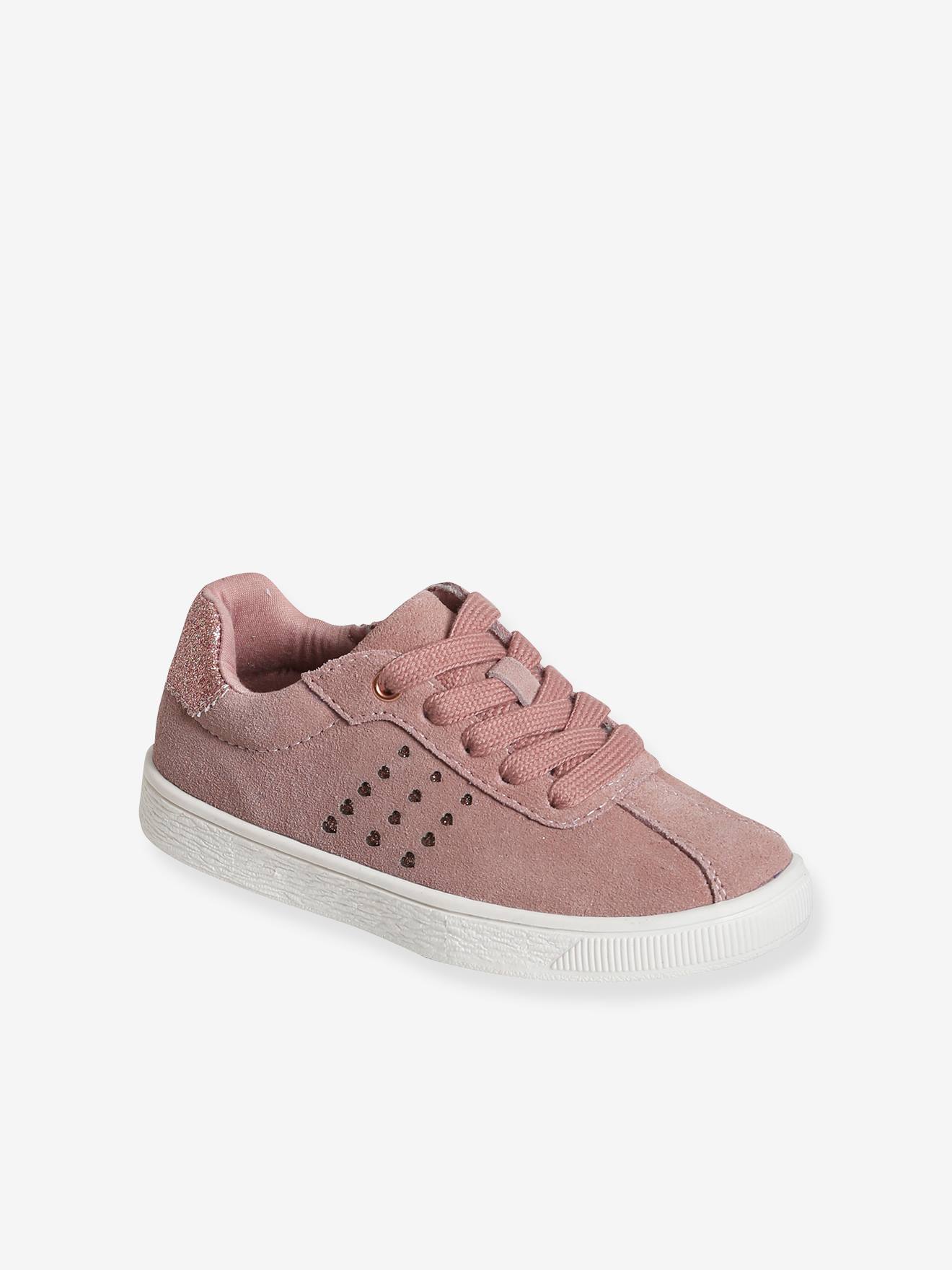 Tênis de couro com cadarços e zíperes com glitter, rosa médio liso para meninas.