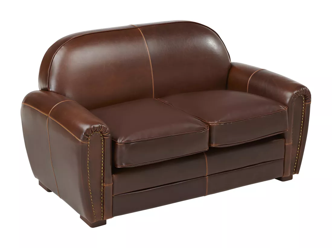 Canapé 2 places club 100% cuir vieilli BAUDOIN - Marron