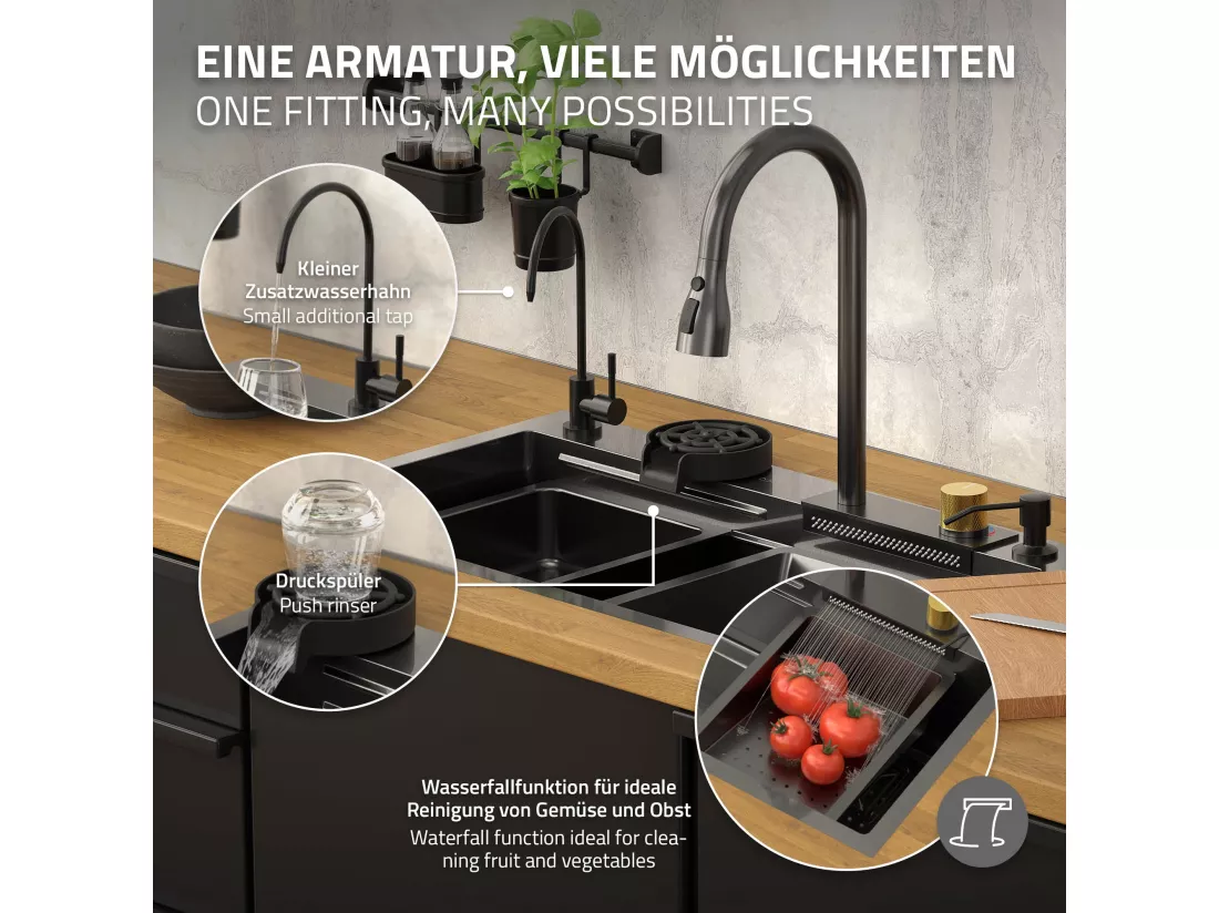 Évier de cuisine encasté multifonctions robinet douchette 75x46 cm anthracite