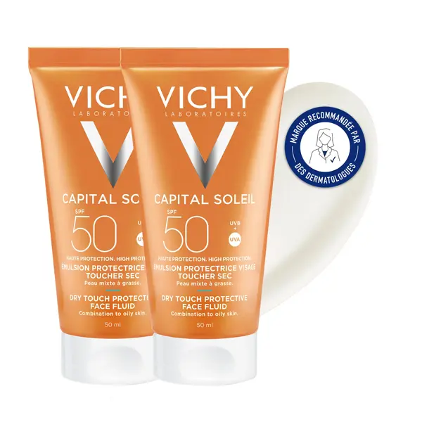 Protetor solar facial Vichy Capital Soleil Dry Touch FPS 50 2x50ml