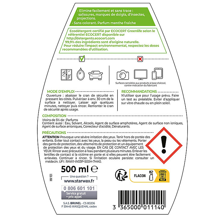Nettoyant spécial vitres et miroirs SoluVert Starwax 0,5L