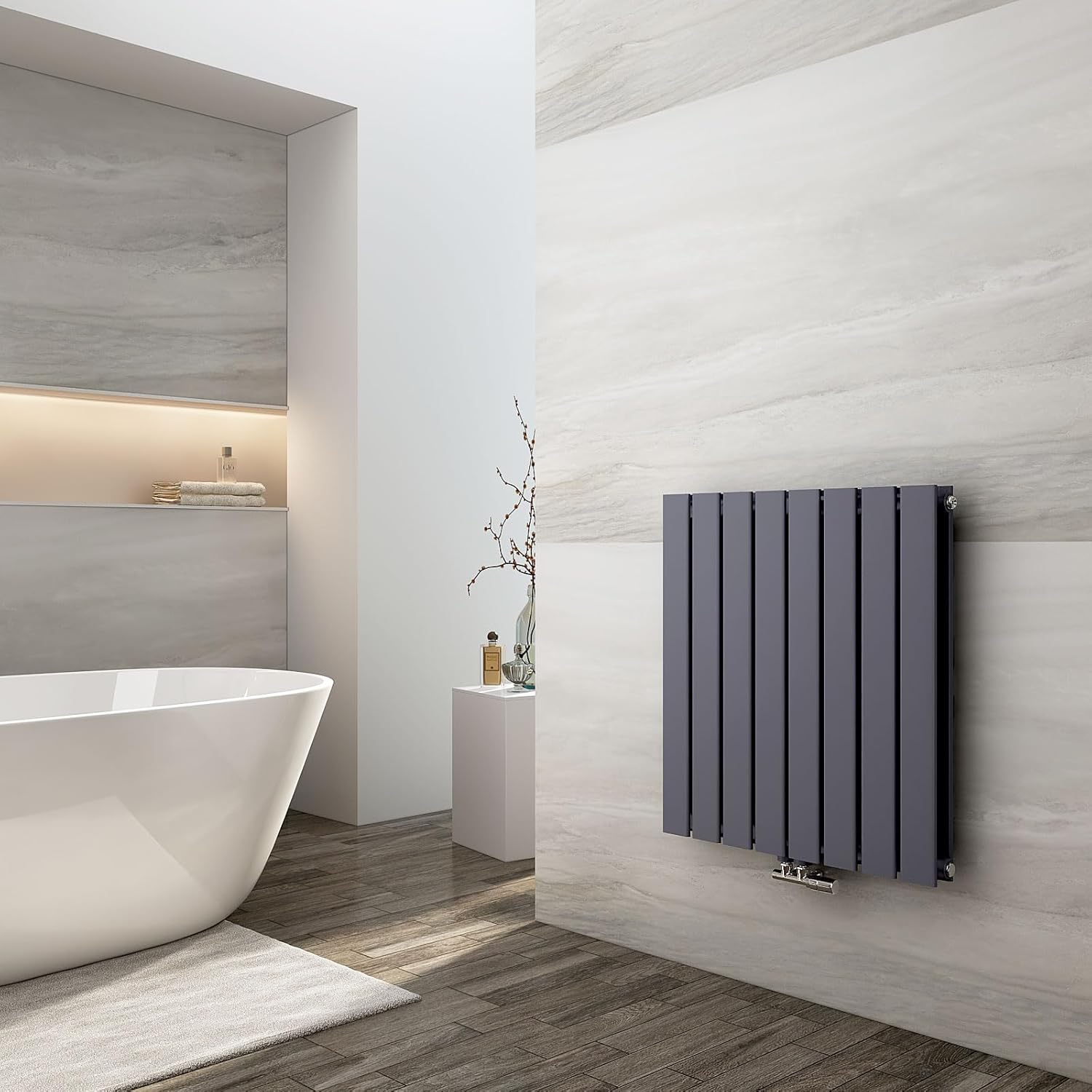 EMKE Design Heizkörper Flach, 630x616 mm Horizontal Flachheizkörper mit Seitenanschluss, Doppellagig Anthrazit Paneelheizkörper Wandheizkörper für Bad, Schlafzimmer & Wohnzimmer, 210W