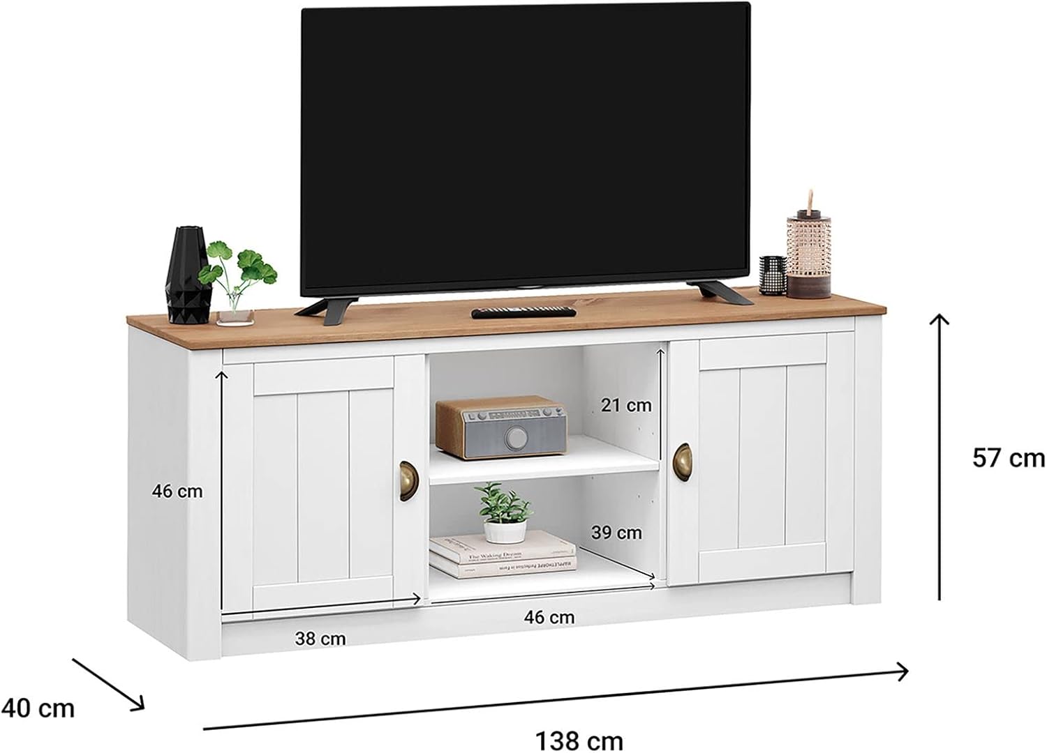 IDIMEX TV Lowboard Bolton aus Kiefer Massivholz, TV Bank im Landhausstil mit 2 Türen und Muschelgriffen, Lowboard aus Kiefer, Massivholz lackiert in weiß/braun