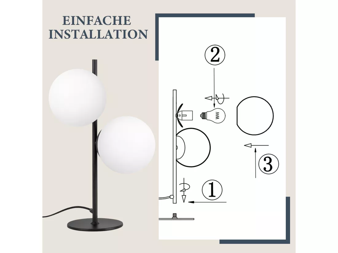 NETTLIFE Lampe de Table Lampe de Chevet Noire Salon E27 Design Moderne Verre Industriel Vintage Métal 2 Ampoules