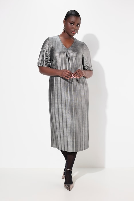 Midikleid, Silver-Plissee, A-Linie, V-Ausschnitt, Halbarm