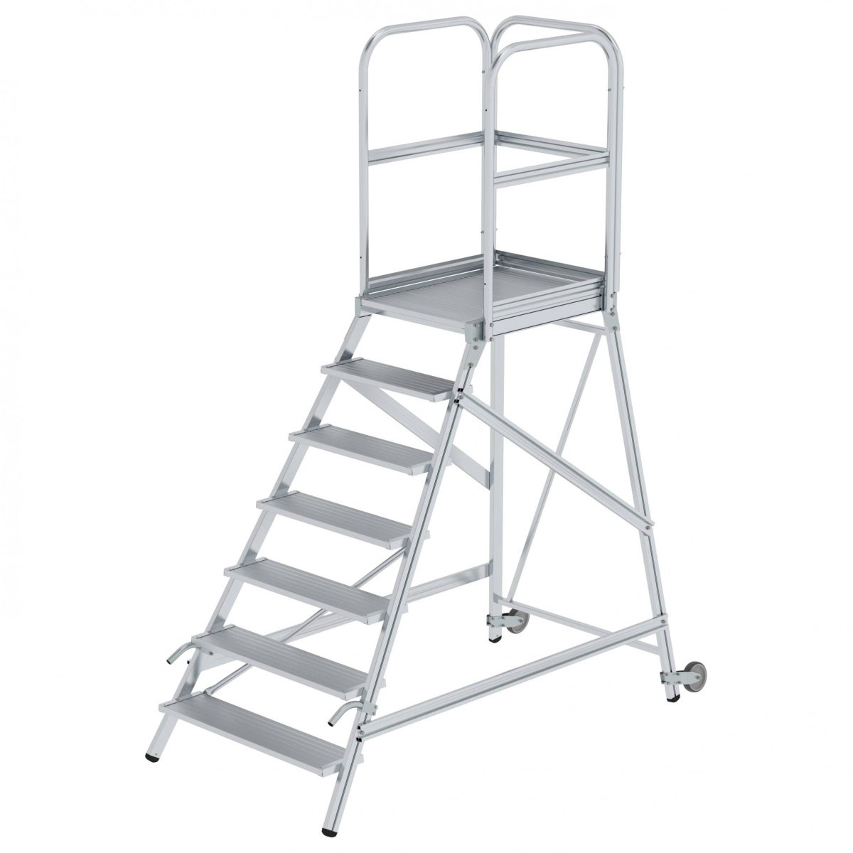 Munk platformladder met wielen en handvat, geribbeld aluminium, 7 treden