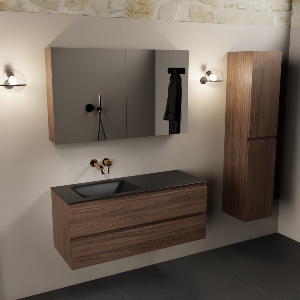 Mondiaz Aivy badmeubel 120cm mocha met wastafel solid surface urban links zonder kraangat en spiegelkast