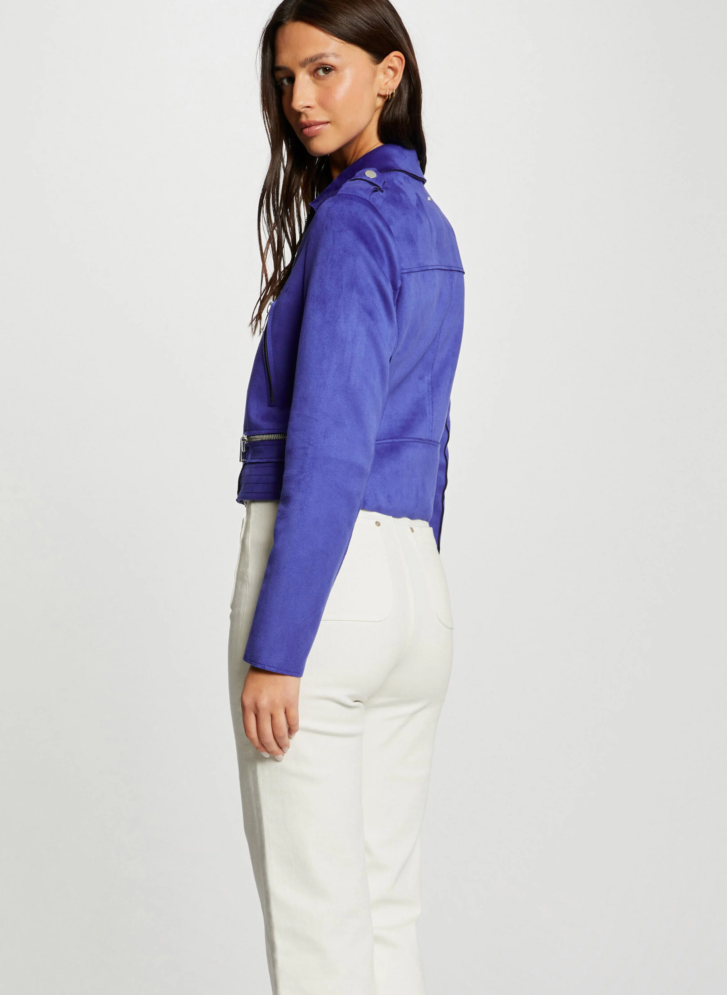 Veste blazer col classique aspect suédine| Bleu