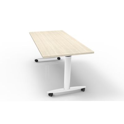 Table de réunion TAXI - Mobile et pliable - L140 x P80 x H37 cm - pieds métal blancs - plateau chêne