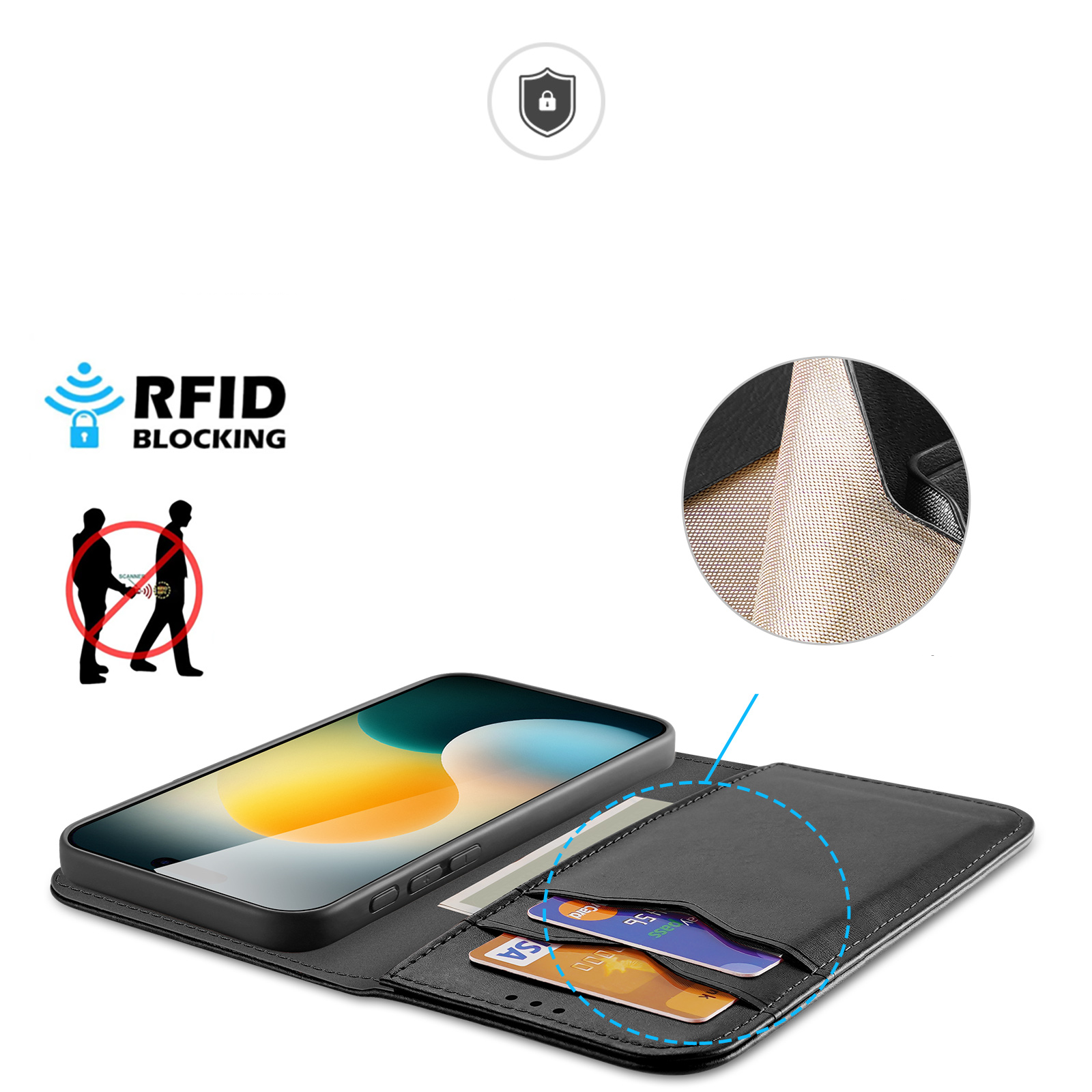 iPhone Air Flip Wallet Cover Echtleder Tasche (RFID Schutz) - Schwarz