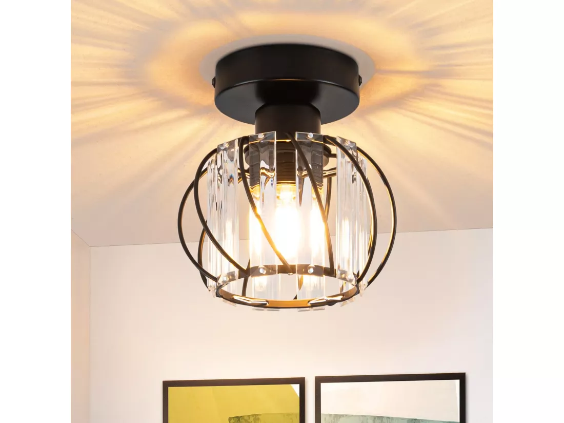 NETTLIFE Plafonnier Cristal Noir Moderne E27 Lampe de Cuisine Vintage avec Cadre en Métal