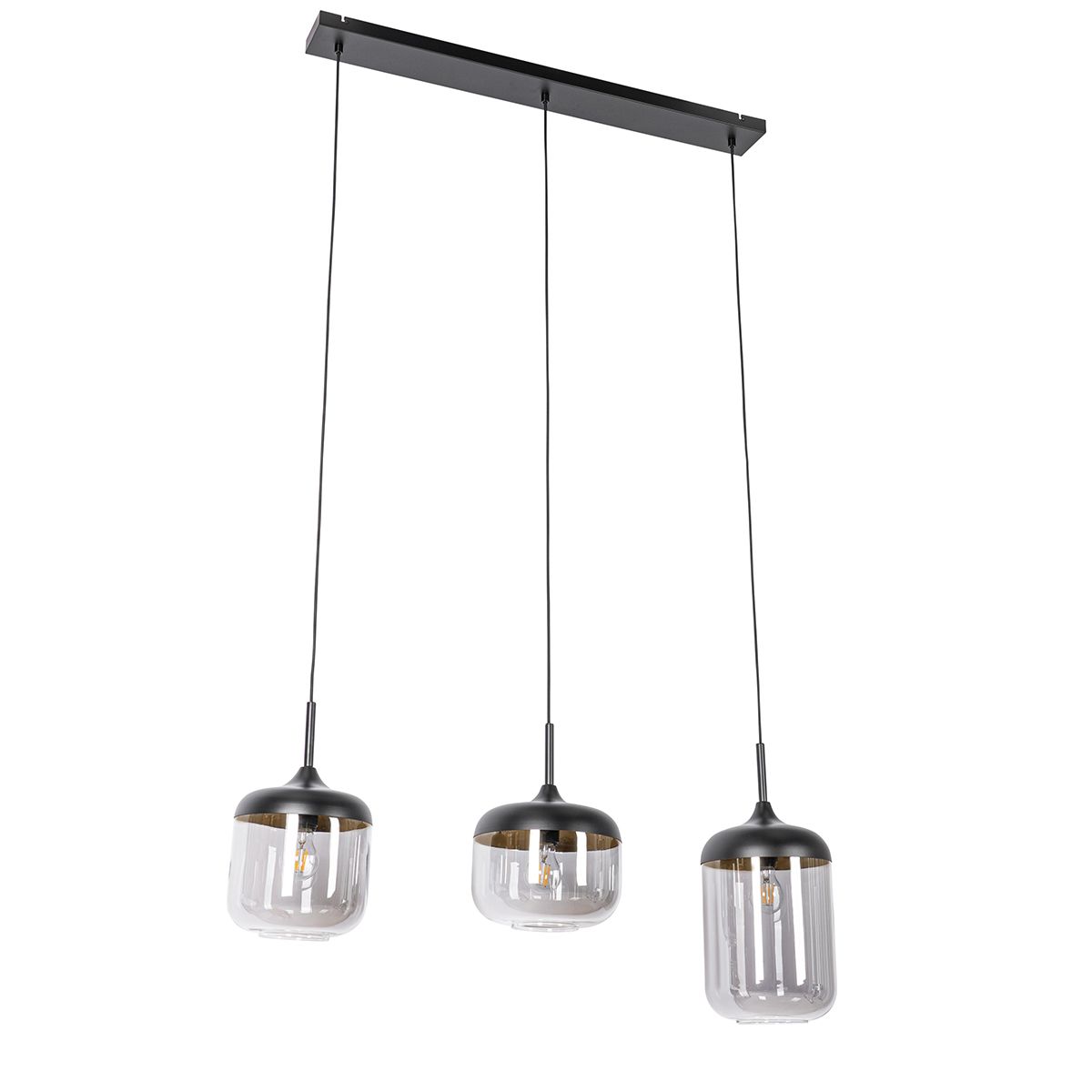 Design hanglamp zwart met goud en smoke glas 3-lichts - Kyan