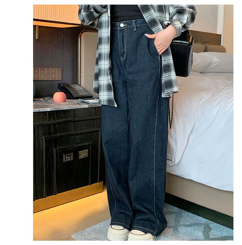 Tripoly - Plus Size High Rise Washed Wide Leg Jeans