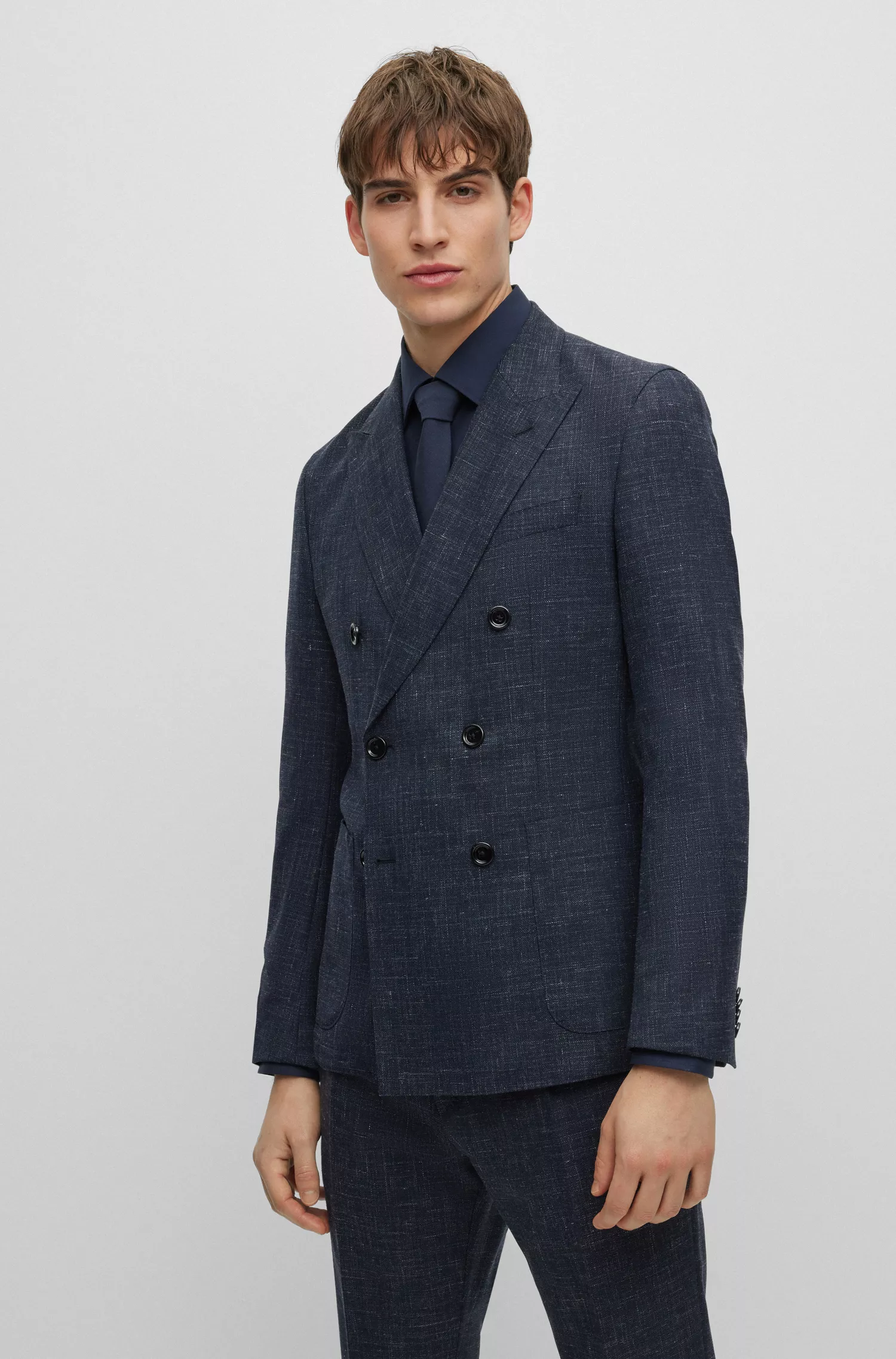 Terno BOSS preto slim fit em mistura de lã estampada