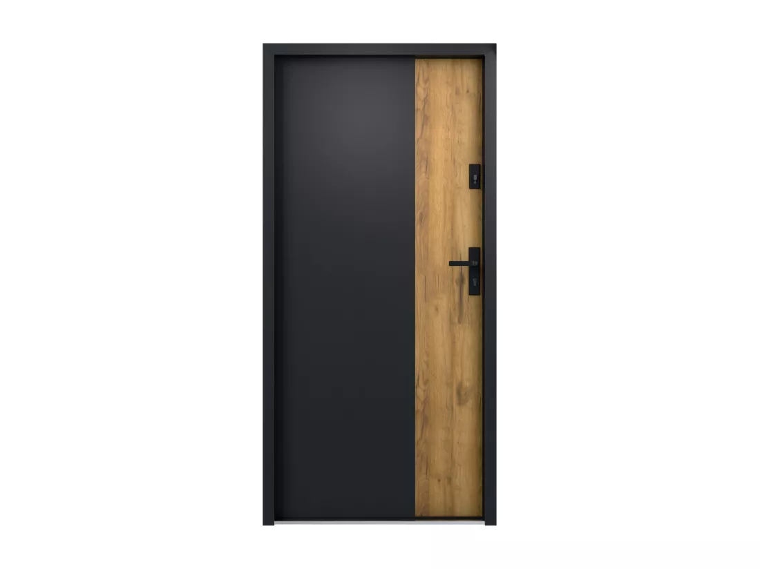 Porte d'entrée pleine en acier H207 x L100 cm - Noir et effet chêne - poussant gauche - MABENA