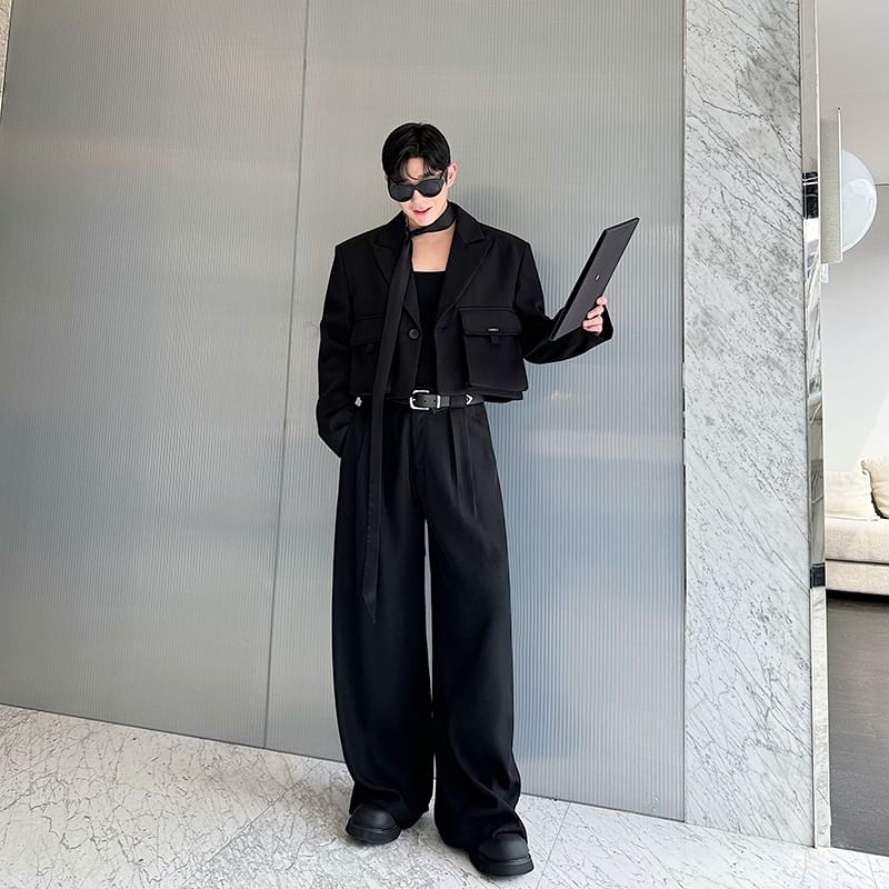 Freehop - Set: Peak Lapel Plain Flap Pocket Single Breasted Blazer + Mid Rise Button Slit Straight Leg Dress Pants