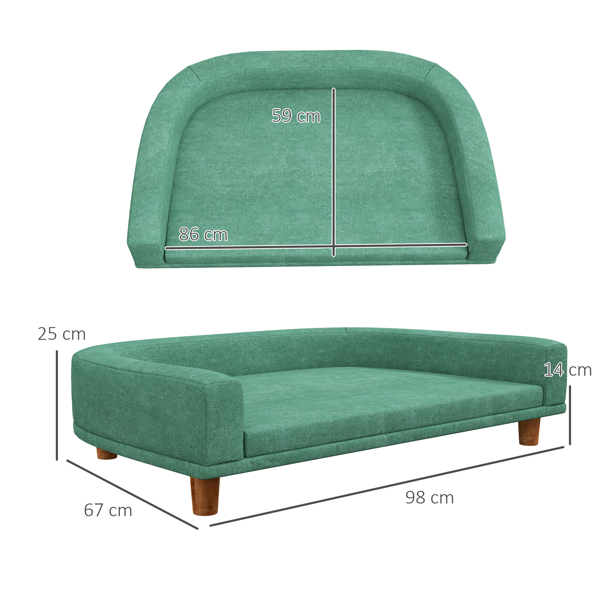 Sofá grande para cães PawHut, cama elevada estofada para cães com almofada lavável e pés de madeira de pinho, capacidade de carga de 40 kg, 98 x 67 x 25 cm, verde.