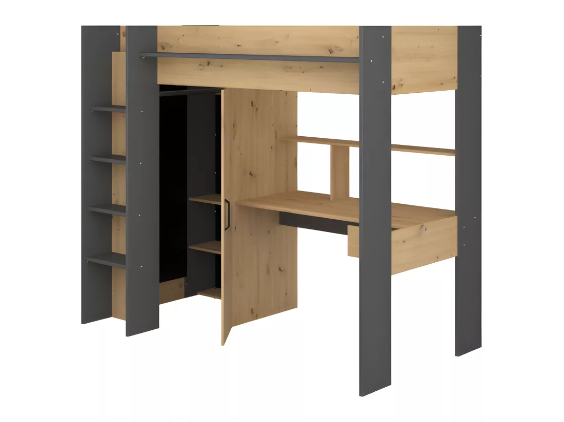 Lit mezzanine avec bureau et armoire - 90 x 200 cm - Coloris : Chêne et anthracite + matelas - AUCKLAND