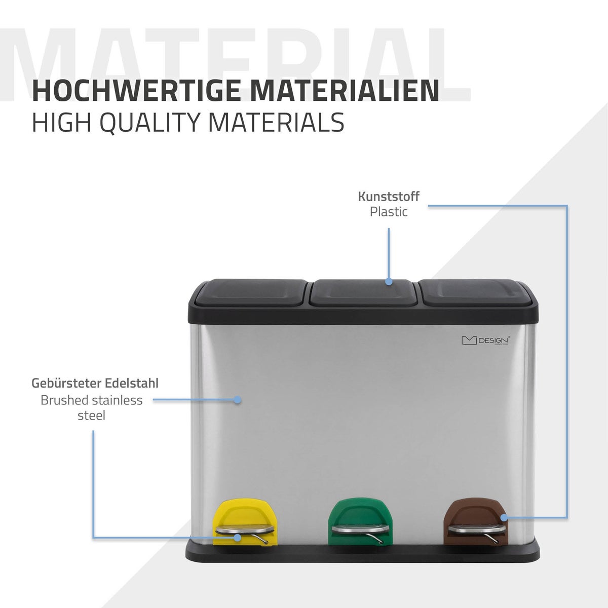 ML-Design Keuken Prullenbak 3x 15L (45L), Zilver, 3-compartimenten afvalscheidingssysteem, Pedaalemmer voor afvalscheiding, RVS-bak met kunststof binnenemmer en scharnierend deksel, Kleurgecodeerd