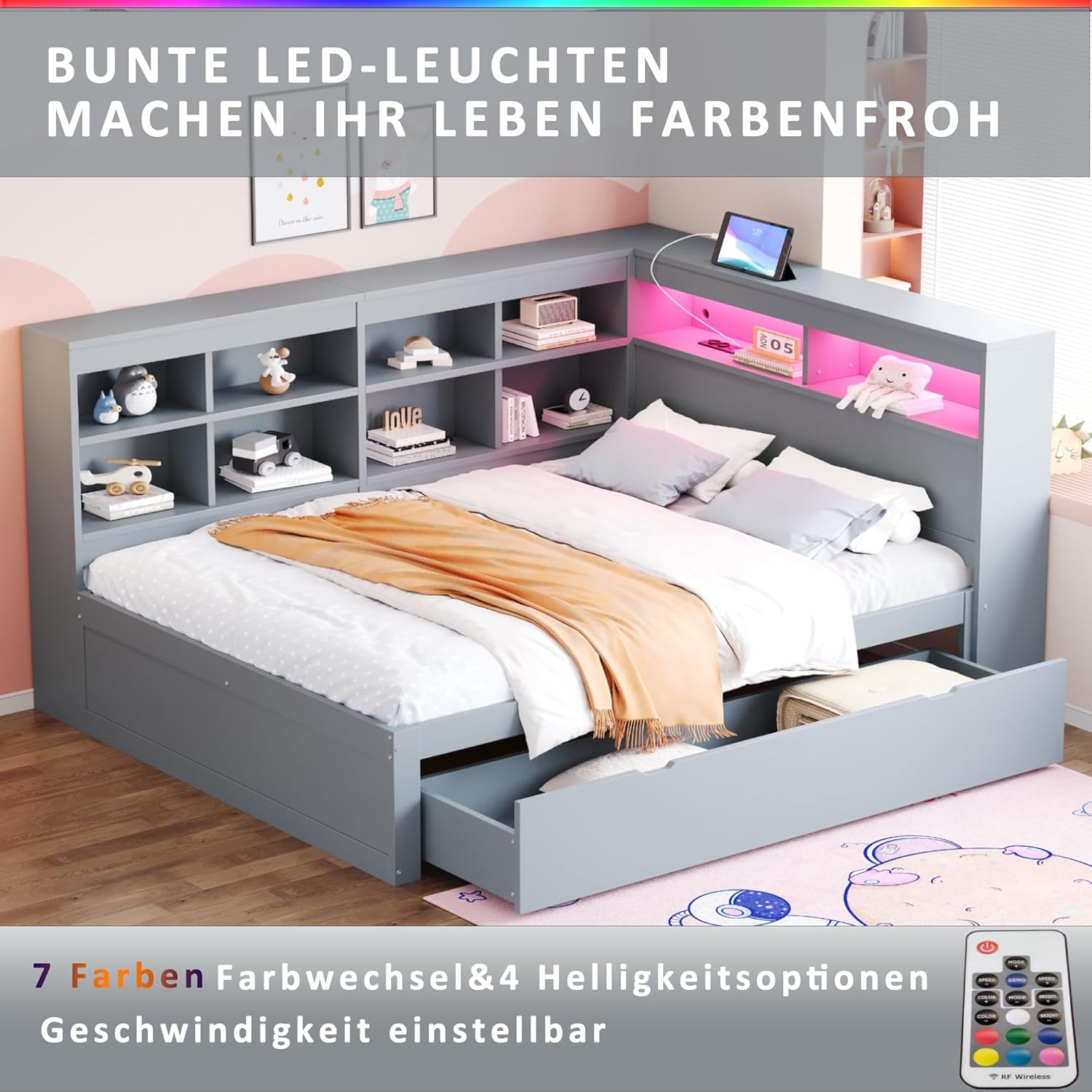 Merax Schlafsofa 140 x 200 cm mit Schubladen, Holz Bett mit USB-Steckdose und LED-Lichtleiste, Grau (Ohne Matratze)