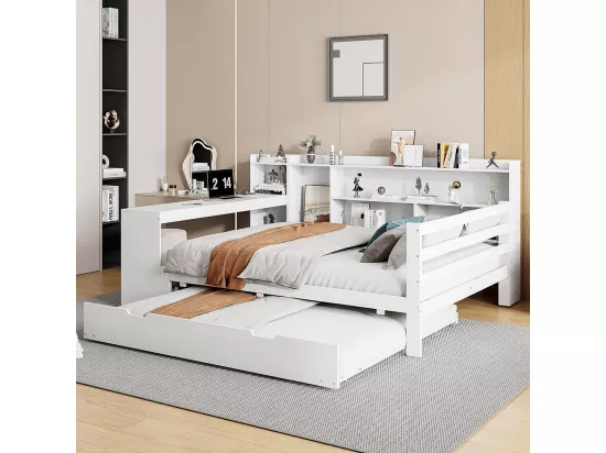Lit gigogne 140x200 avec bureau étagères compartiments de rangement et étagères avec prises de courant lit double en bois Blanc